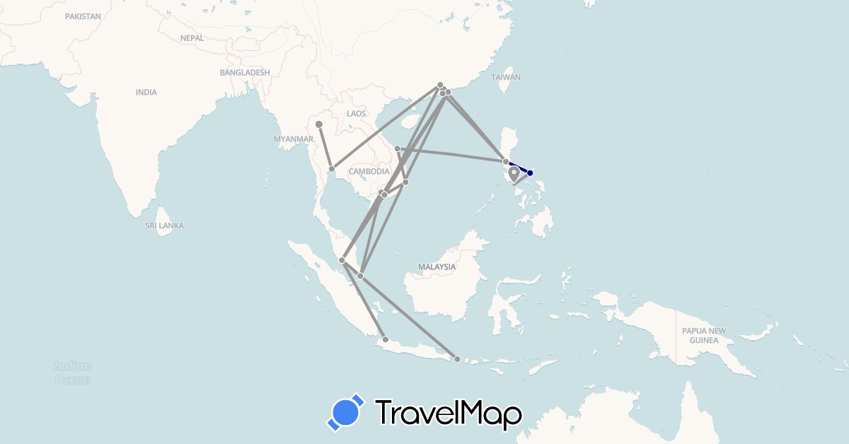 TravelMap itinerary: driving, bus, plane in China, Indonesia, Malaysia, Philippines, Singapore, Thailand, Vietnam (Asia)