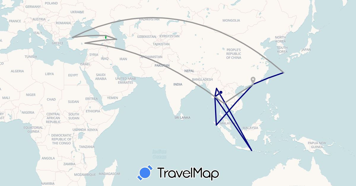 TravelMap itinerary: driving, bus, plane in Armenia, Azerbaijan, China, Georgia, Myanmar (Burma), Malaysia, Thailand, Turkey (Asia)